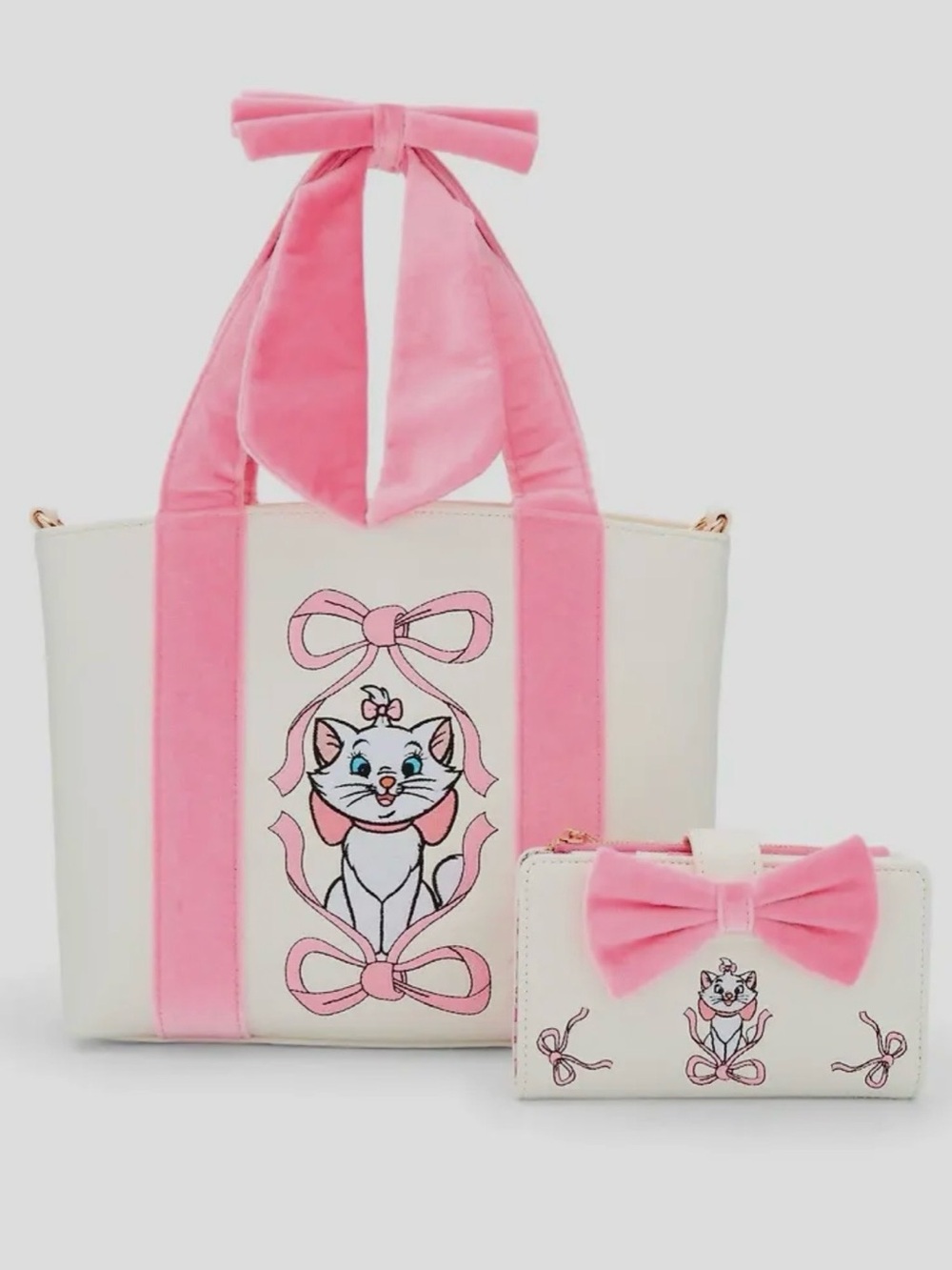 Loungefly White and Pink Marie Cat Bow Tote with Matching Wallet
